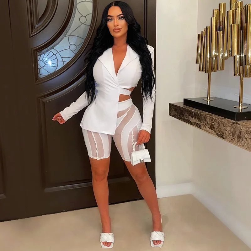 Description Picture 4 of itemANJAMANOR Two Piece Club Outfits Women Sexy Asymmetric Blazer and Mesh Shorts Leggings Matching Sets Fall 2023 D58-ED25
