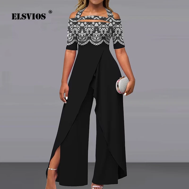 Description Picture 3 of itemFashion Sexy Off-shoulder Printed Wide-leg Pants Jumpsuit Streetwear Casual Mid Waist Hollow Out Summer Elegant Straight Rompers