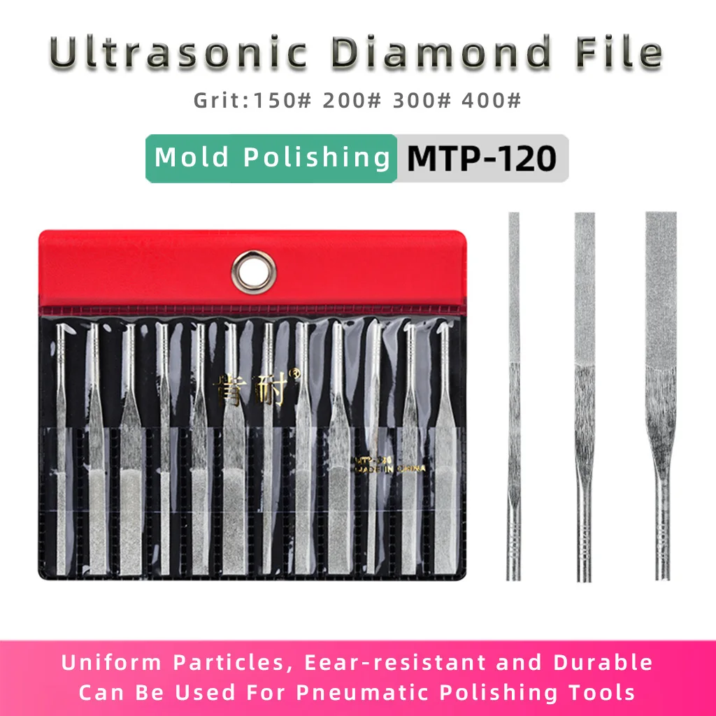 12pcs 150# 200# 300# 400# Ultrasonic Diamond Flat File MTP-120 For Rough Grinding Fine Polishing Mold Pneumatic Polishing Tool