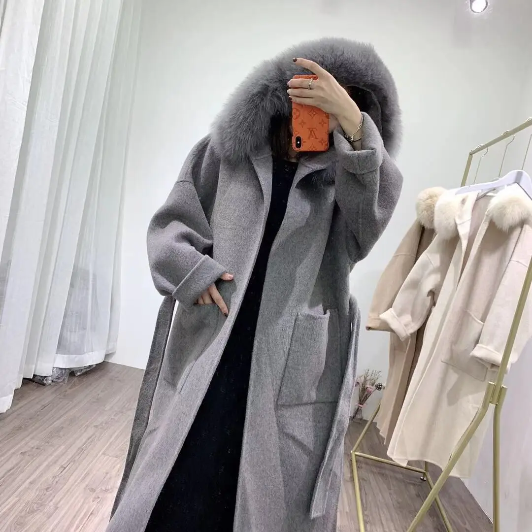 Description Picture 6 of item2023 Winter Women Natural Fox Fur Collar Hood Jacket Real Fur Coat Cashmere Wool Blends x-Long Outerwear Streetwear Korea