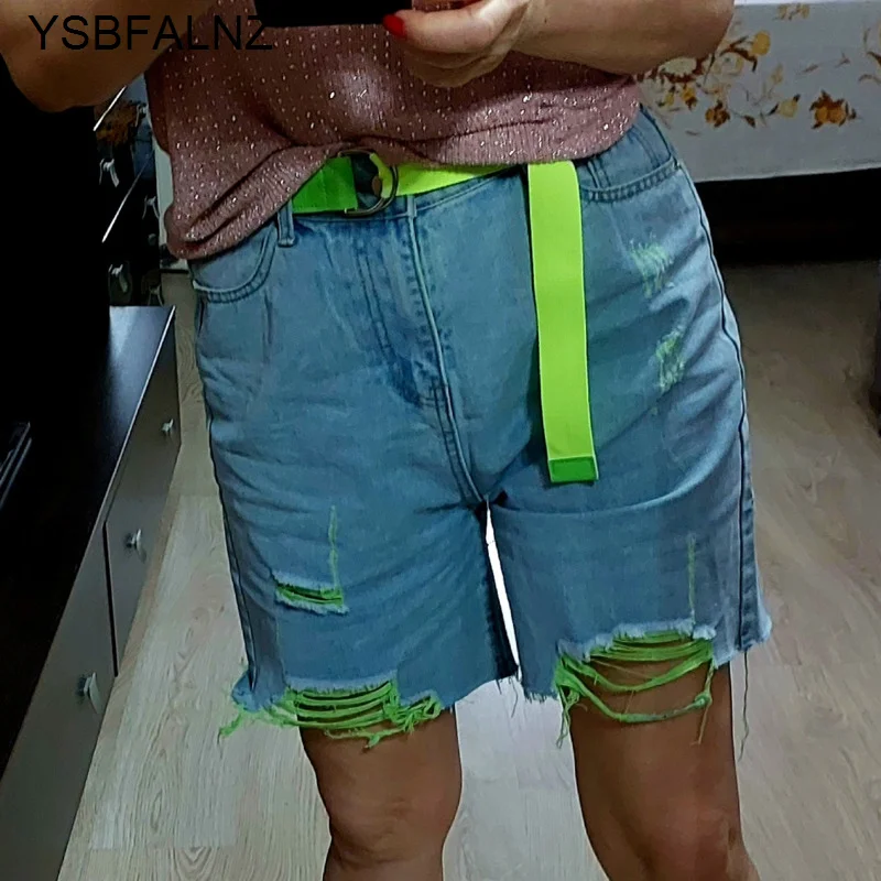 Summer Women New Trend Green Color Contrast Jeans Short Pants Lady Fashion Thin High-waist Denim Shorts Straight Streetwear Pink
