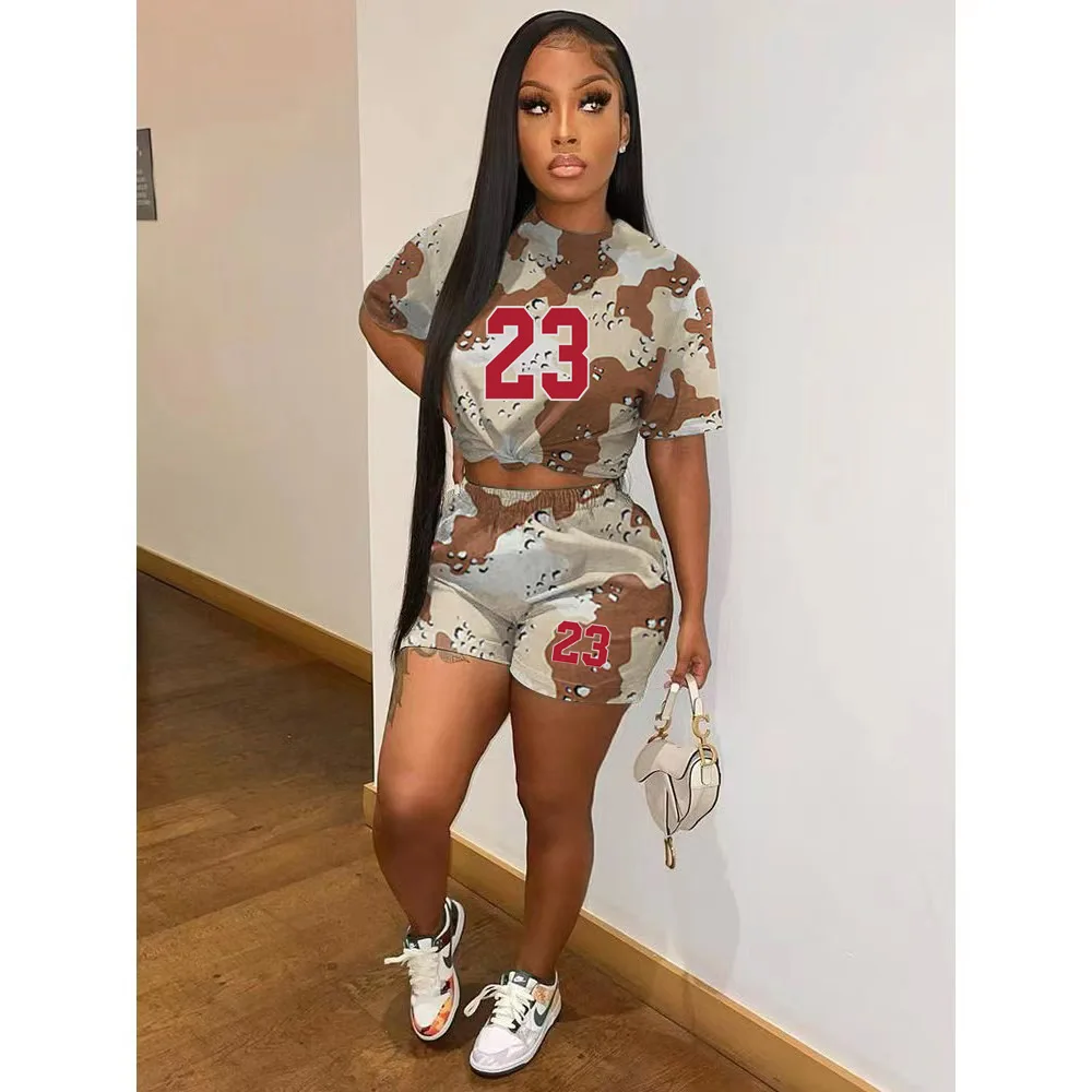 Description Picture 4 of item2023 Top Quality Young Casual Camouflage Free Nature Tracksuit Daily Short Sleeve + Short Pants Slim Women 2 Piece Set