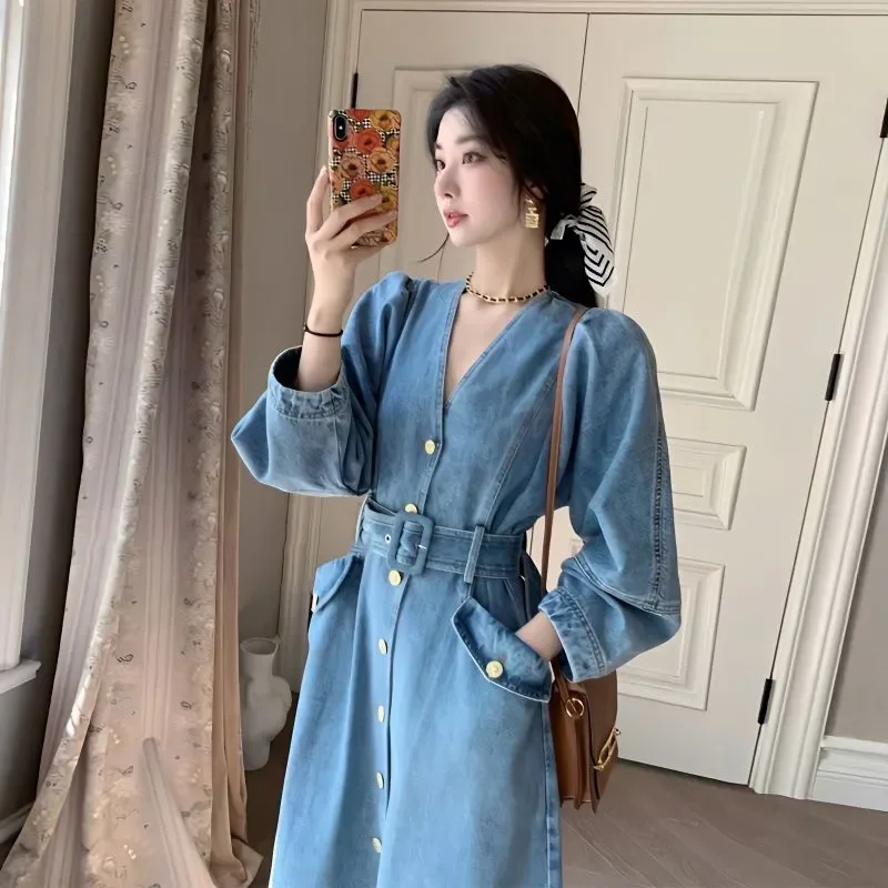 Description Picture 6 of item2023 Spring Autumn New Korean Fashion Cowboy Woman Dress LOOSE Blue Temperament Elegant French Long Sleeved A-line Dresses