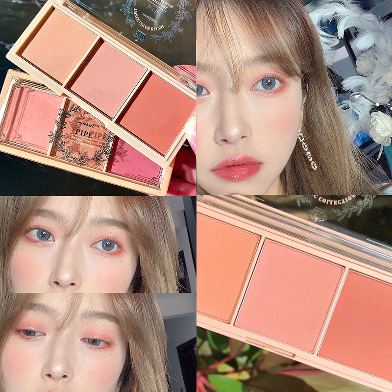 3 In 1 Milk Tea Blush Peach Pallete 3 Colors Face Mineral Pigment Cheek Blusher Powder Makeup Contour Shadow Blush with Brush