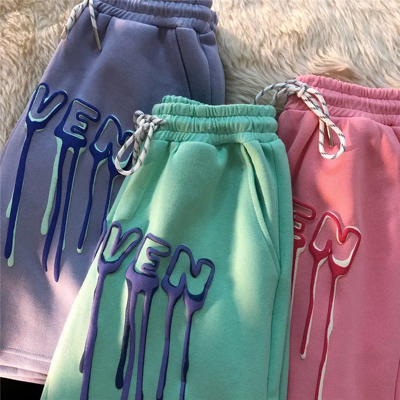 Description Picture 2 of itemHip Hop Fashion Letter HEAVEN Print Sweatpants Shorts Cotton Summer Drawstring Wide Leg Pants for Teen Girls Casual Korean Style