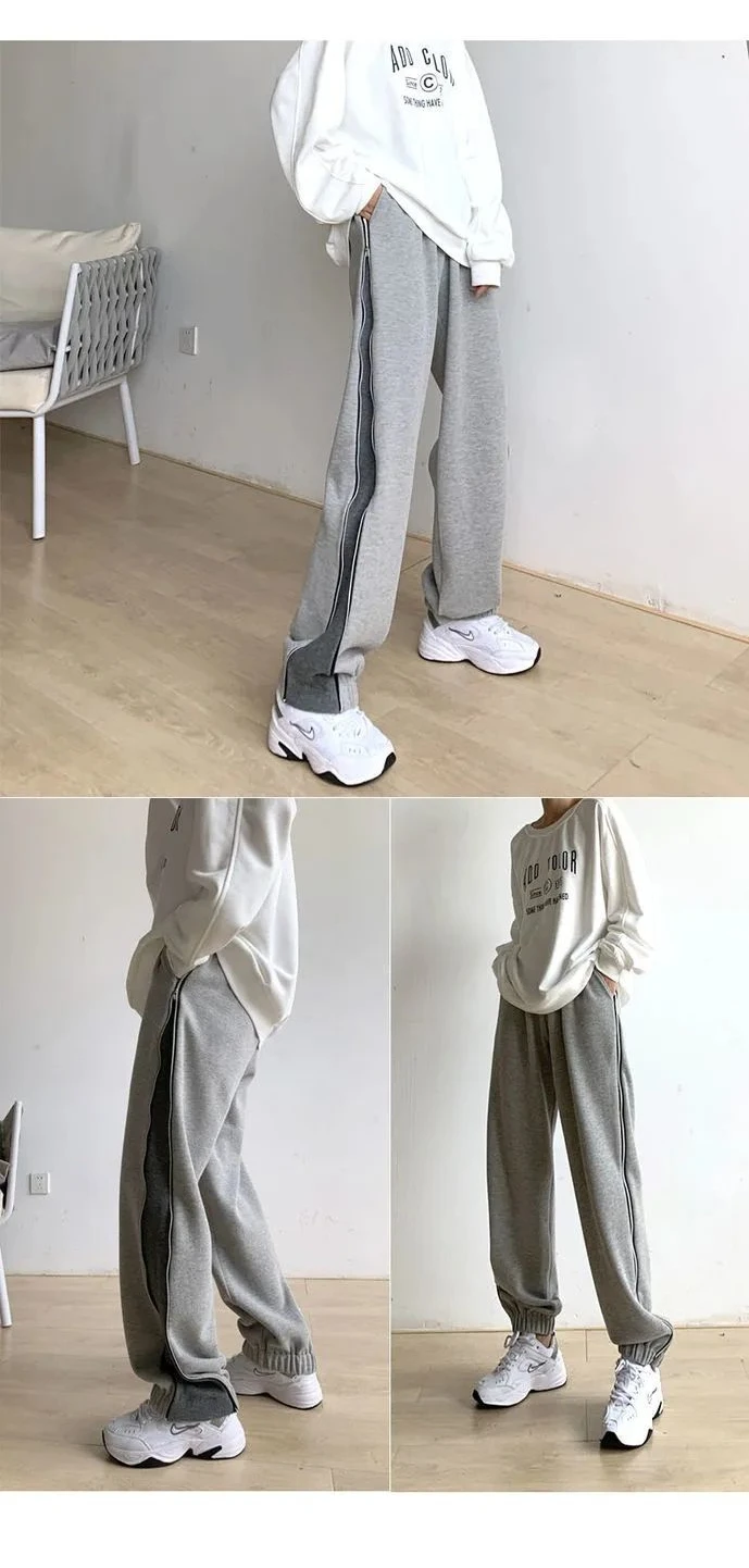 Description Picture 4 of itemHOUZHOU Women Sweatpants Baggy Gray Joggers Korean Style Casual Streetwear Wide Leg Zipper Sports Trousers Female Winter Pants