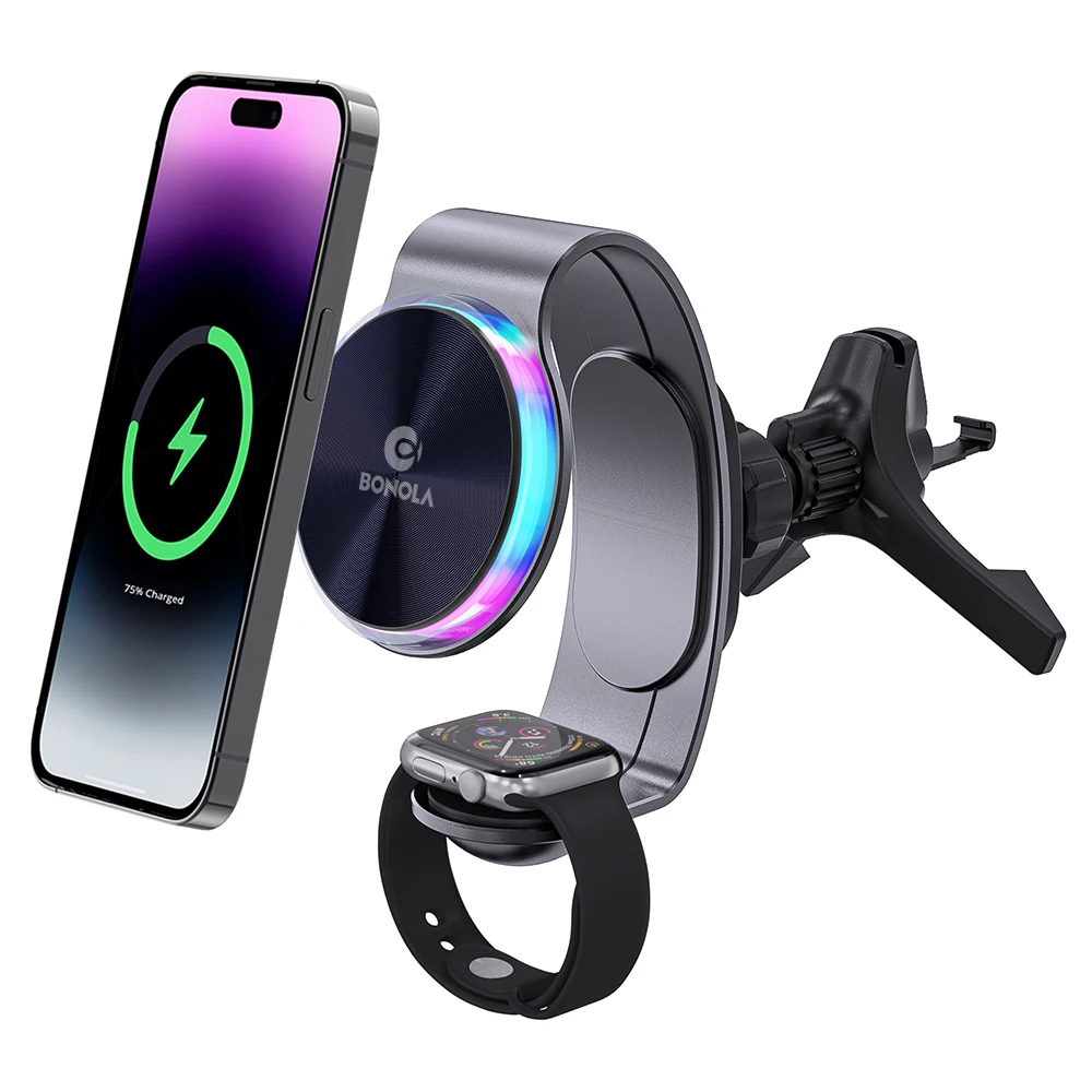 Description Picture 2 of itemBonola Metal Magnetic Car Wireless Charger 2 in 1 Mount for iPhone 14/13/12 Wireless Car Charging with LED Light for Apple Watch