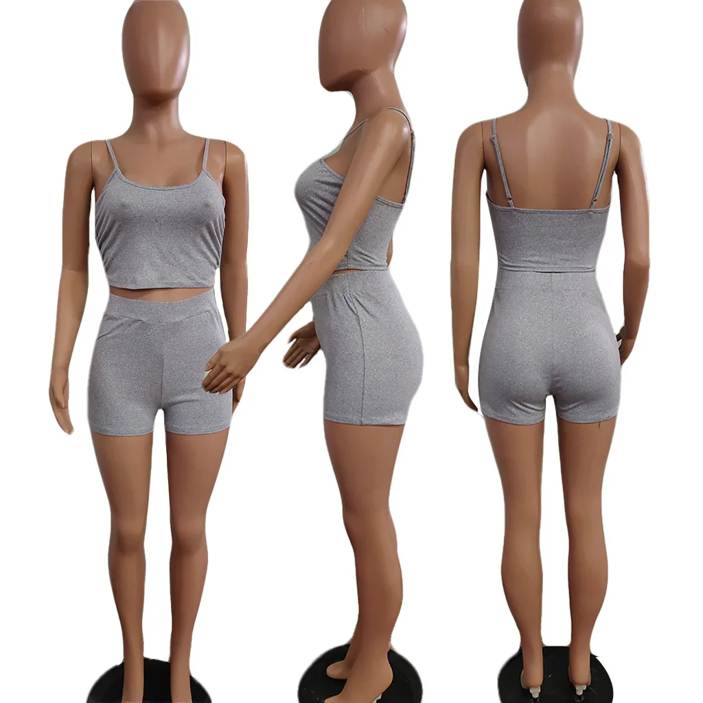 Description Picture 5 of itemHLJ Sexy Bodycon Shorts Sets Women Strap Sleeveless Crop Top + Shorts Two Piece Tracksuits Female Solid Sporty 2pcs Outfits 2023