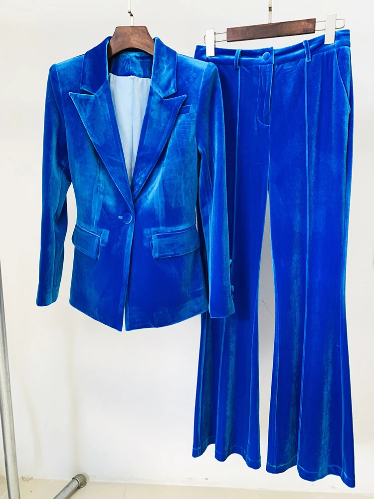 Description Picture 2 of itemHIGH STREET 2023 Fall Winter Designer Runway Suit Set Women's Single Button Velvet Blazer Jacket Flare Pants Suit