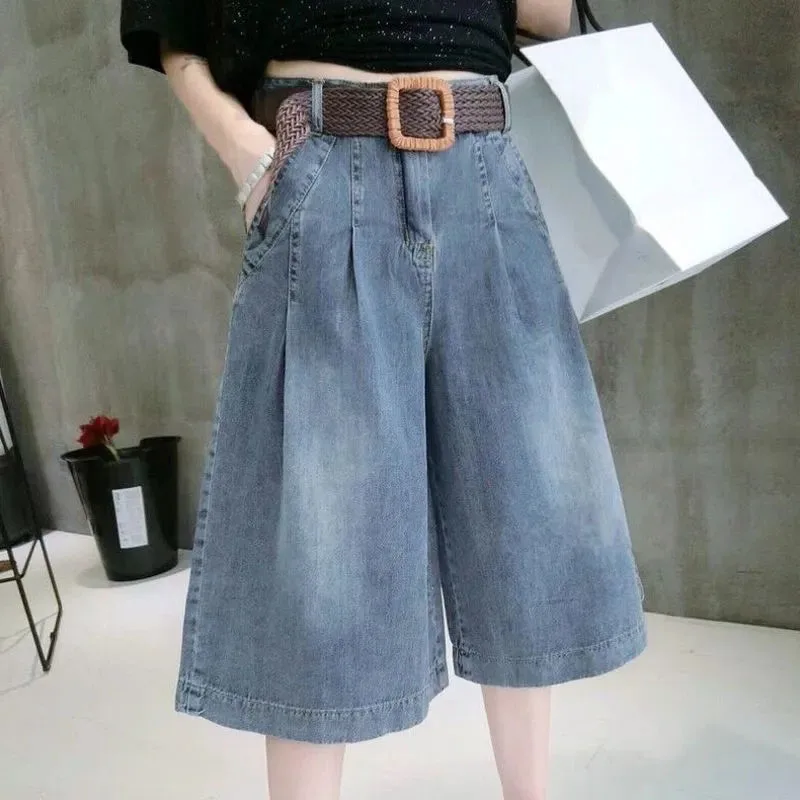 Description Picture 4 of itemSummer Blue Women's Midi Jean Pants Fashion with Pockets Belt Knee Length Pants Woman Korean High Waist Loose Straight Shorts
