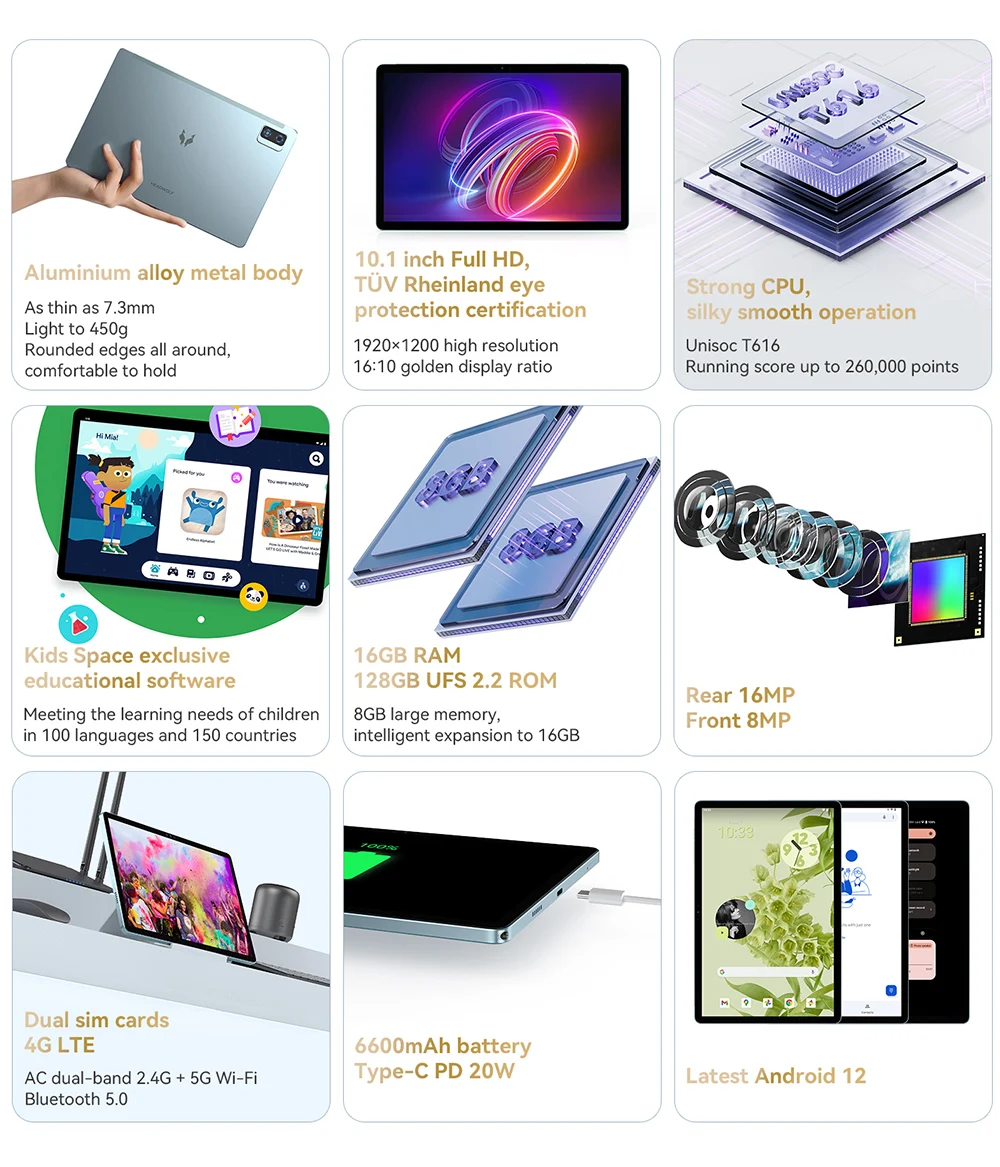 Description Picture 3 of itemHEADWOLF Wpad 2 Android 12 Tablet 10.1 inch 16GB Ram DDR4X 128GB UFS 2.2 4G LTE Phone call Tablet PC Unisoc T616  TÜV Rheinland