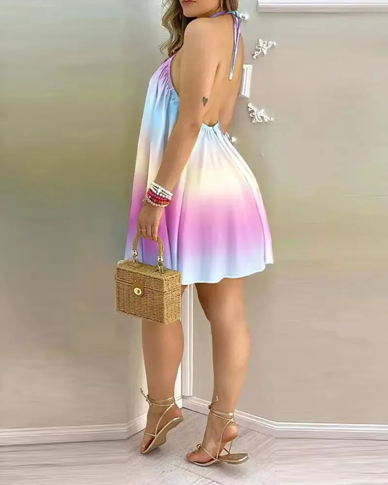 Description Picture 6 of itemSummer Boho Print Halter Backless Dress Women Sexy Strapless Sleeveless Loose Dress 2024 Fashion Holiday Beach Sundress Female