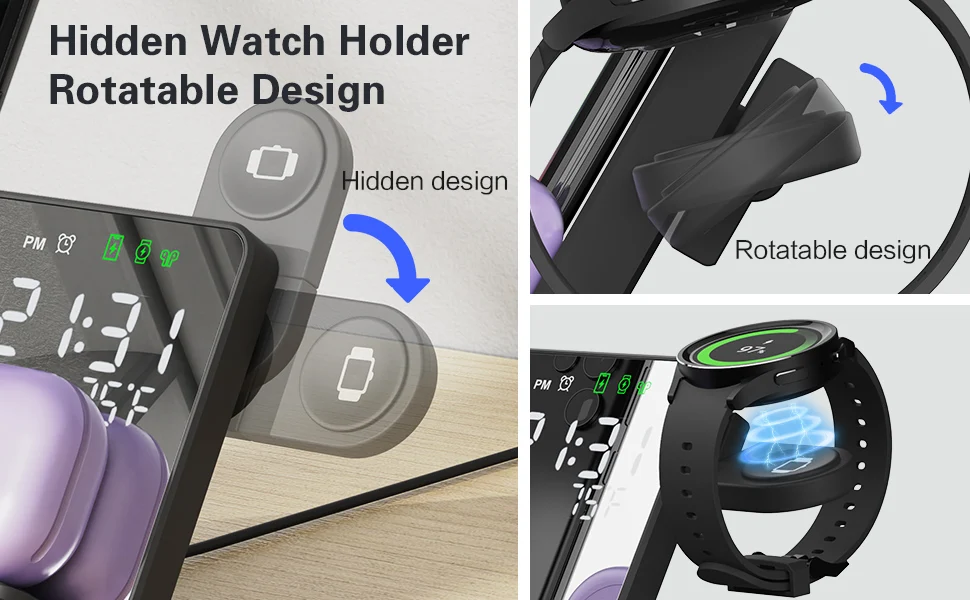 Description Picture 6 of item3 in 1 LED Alarm Clock Charging Dock Station for Samsung Galaxy S23 Ultra Fast Wireless Charger for Watch 6 / 5 Holder Buds2 Pro