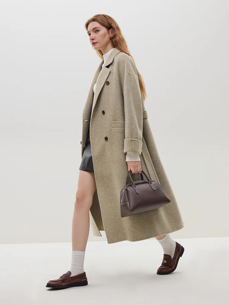 Description Picture 6 of itemFSLE 100% Wool Black Temperament Long Double Breasted Woolen Jackets 60.6% Wool 10.5% Silk Belt Design Female Beige Apricot Coat