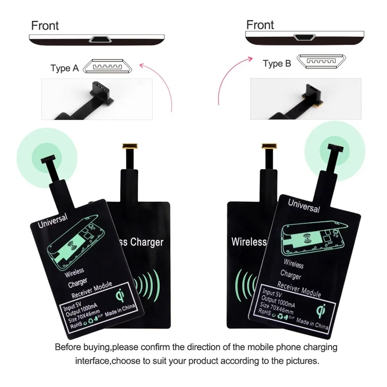Description Picture 6 of itemQi Wireless Charger Receiver Support Type C MicroUSB Fast Wireless Charging Adapter For iPhone5-7 Android phone Wireless Charge