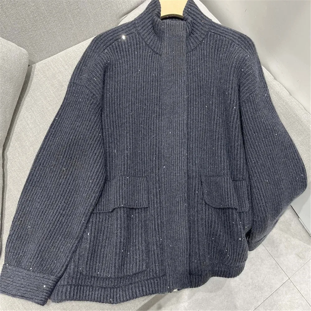 Description Picture 6 of itemB*C Women's Sequined Cashmere Knitted Jacket Casual Stand Collar Zipper Cardigan Top's 2023 New