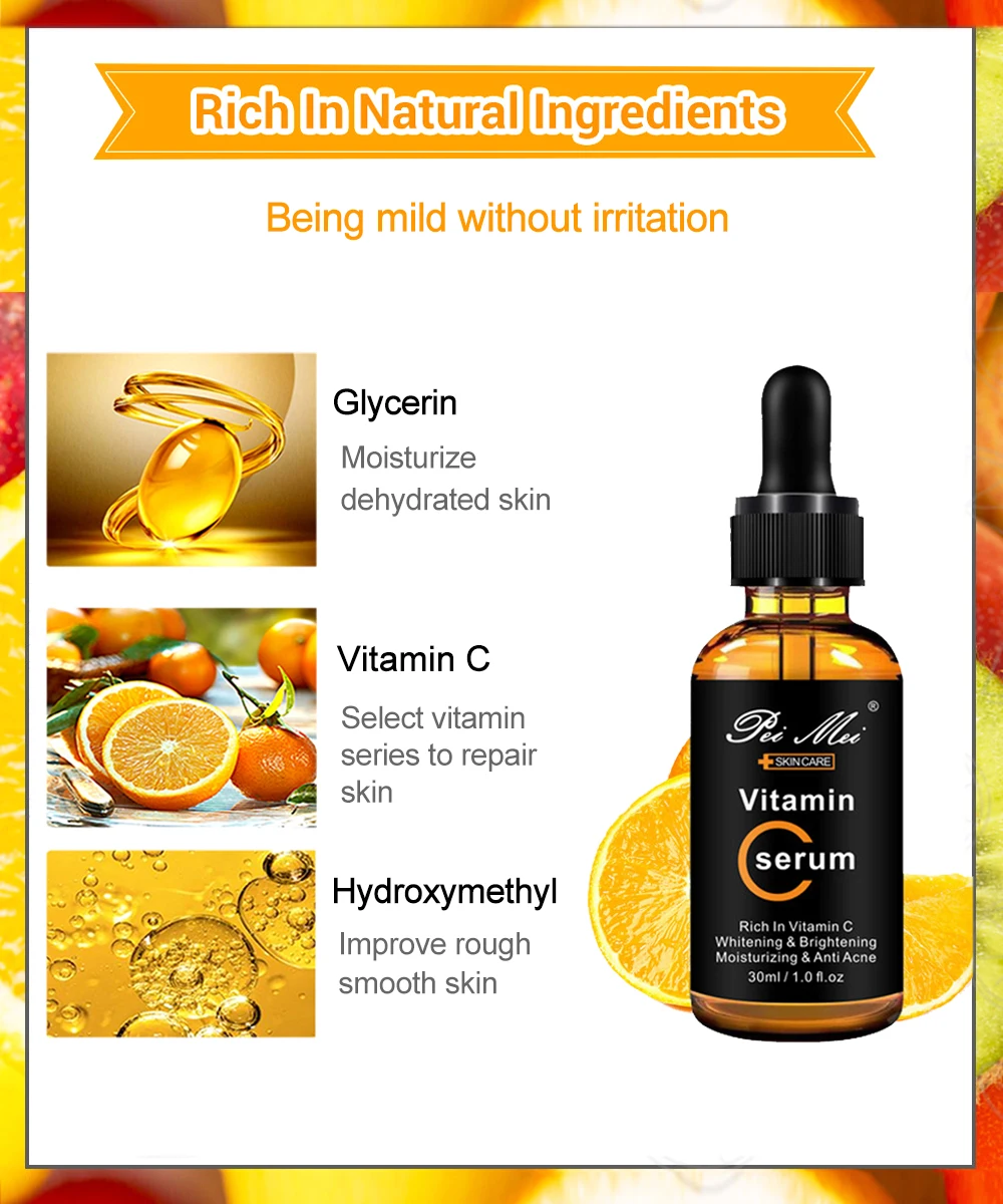 Description Picture 3 of itemSkincare Products Vitamin C Facial Serum Brighten Skin Lighten Spots Hyaluronic Acid Face Essence Skin Care Products 30ml