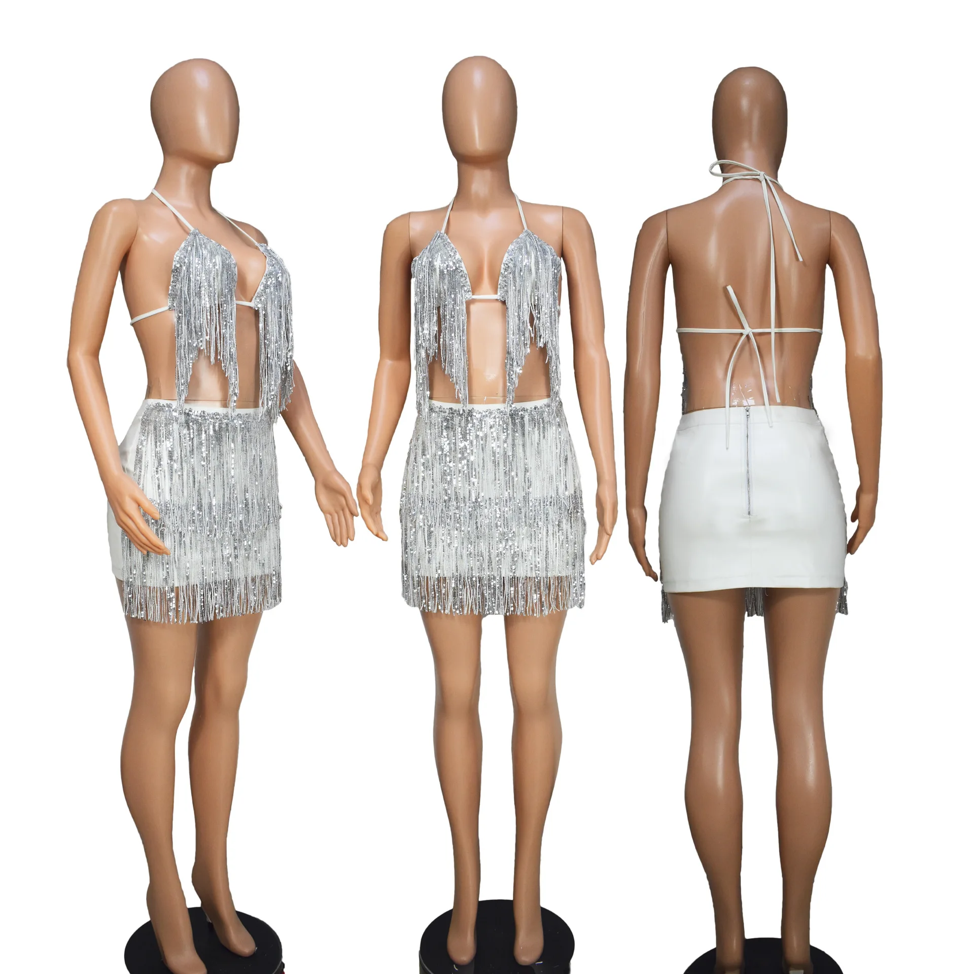 Description Picture 3 of itemTwo Piece Set Women Halter Crop Top Shorts Skirt Sets Matching Outfits Fringe Tassel Sexy Sequin Clothes  Backless Club