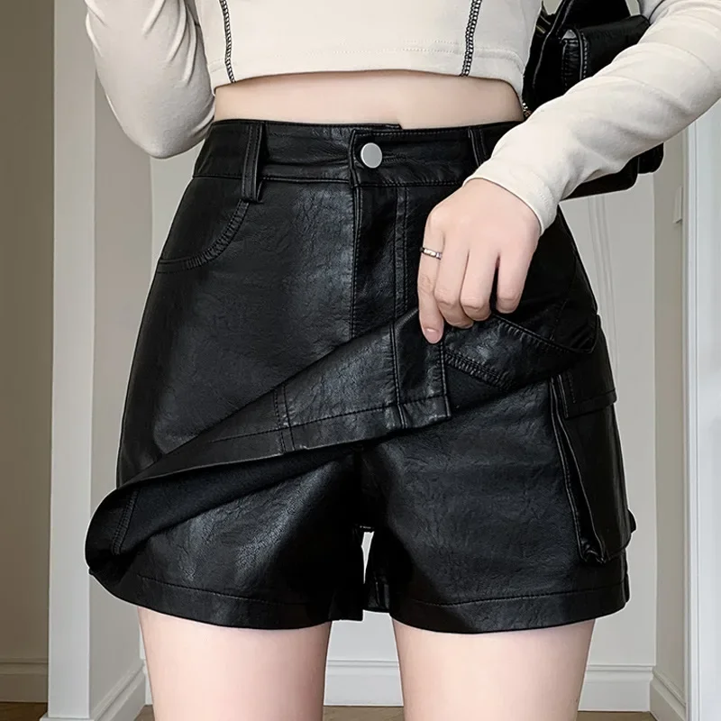 Leather Shorts for Autumn and Winter, New High Waisted Outerwear Skirt Pants, A-line Wide Leg Boots and Pants for Women