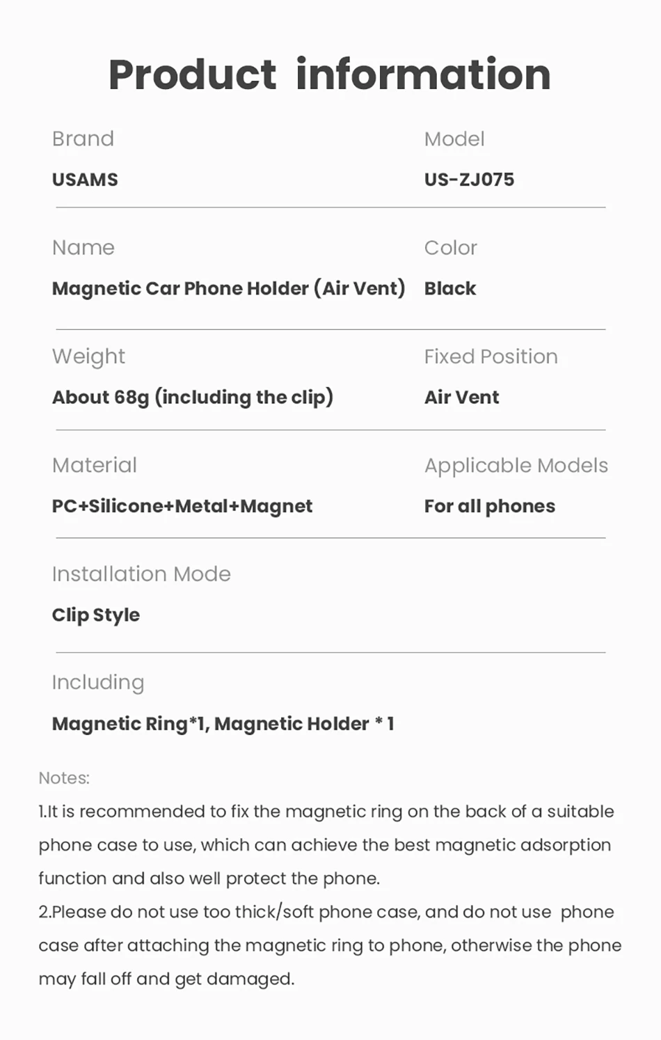 Description Picture 4 of itemUSAMS Magnetic Car Phone Holder Universal Car Air Vent Holder Mount For iPhone 15 14 13 12 11 Pro Max Iconic Brand Samsung, etc