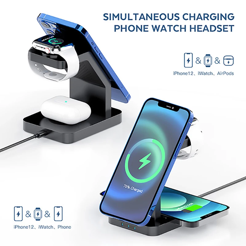 3 in 1 Magnetic Wireless Charger Stand Qi Fast Charging Induction Charger For iPhone 12 13 Pro Max Mini Apple Watch 7 6 AirPods