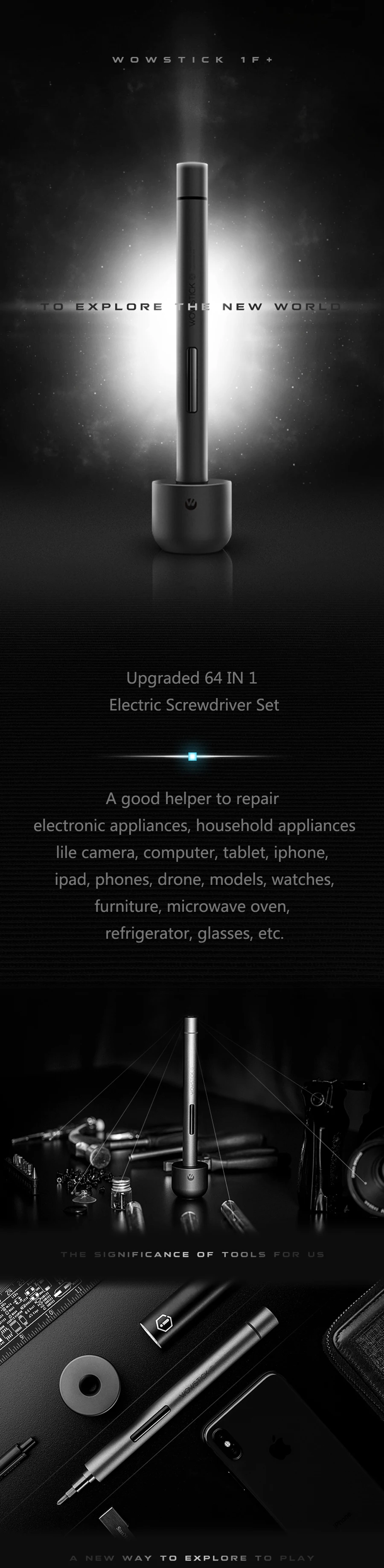 Iconic Brand Wowstick 1F+69 in 1 Electric Screwdriver with 56 Bits Lithium Battery Charging 3 LED Lights Power Tools Set