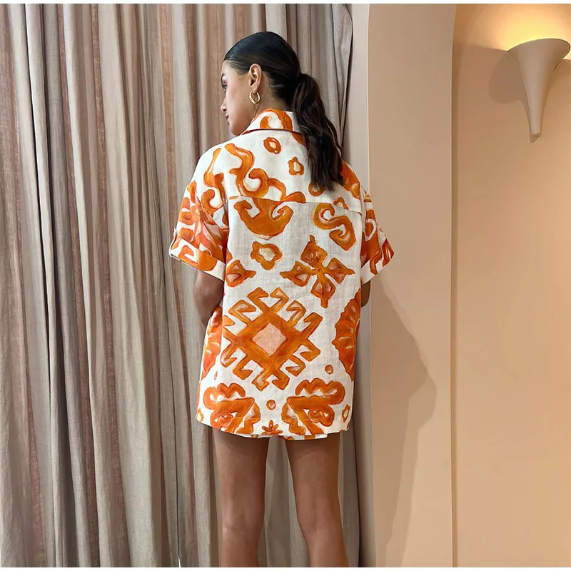 Description Picture 6 of itemWomen's Cotton Linen Two-Piece Set, Print Shirt, Homewear Suits, Casual Short-Sleeved Lapel Loose Blouse, Top and Short Outfit