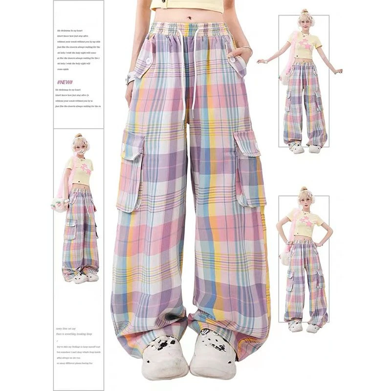 Description Picture 3 of itemColor plaid cargo pants multi-pocket women's streetwear y2k pants sweet pure style straight pants casual versatile trend