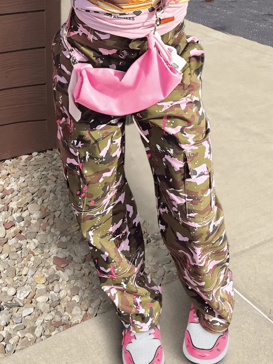 LW Autumn & Winter Women Cargo Trousers Streetwear Pink Camouflage High Waist Side Pocket Design Long Fashion Pants XS-3XL