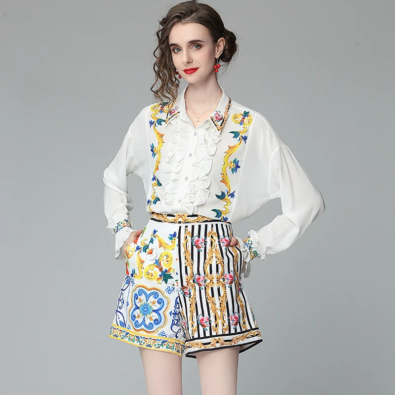 Banulin Summer Runway Flower Print Two-piece Set Women Flare Sleeve Ruffles Shirt Top and Stripe Pocket Shorts Suits Set N56608