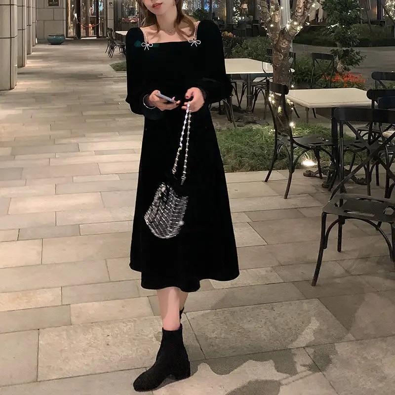Description Picture 4 of itemSpring 2022 vintage Dress Ladies slim party dress South Korean fashion long sleeve black bow dress elegant ladies