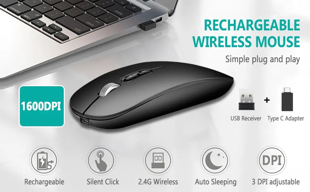 Description Picture 2 of itemWireless Mouse 2.4GHz Slim Rechargeable Silent Click Ergonomic 3 DPI Adjustable with Type C Adapter for Laptop PC Macbook