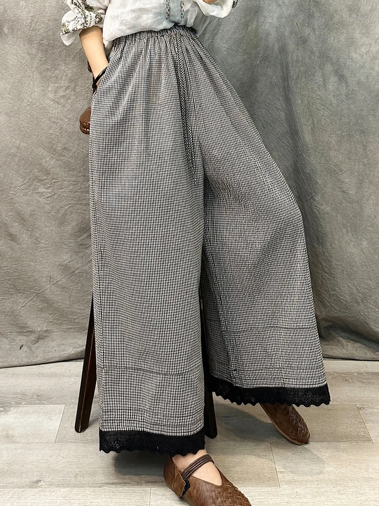 Description Picture 5 of itemSummer Women Wide Leg Pant High Waist Drawstring Loose Oversize Pant Plaid Trousers Skirt Pants Retro Casual Streetwear Ladies