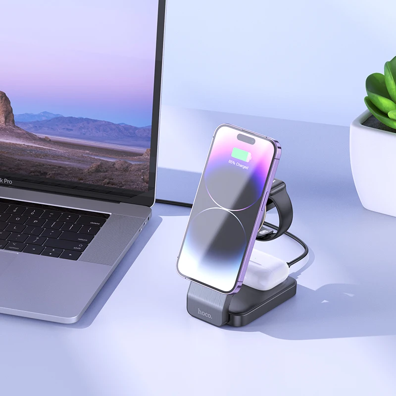 HOCO 3 in 1 Qi Foldable Magnetic Wireless Fast Charger Dock Station For iPhone 12 13 14Charger Holder For Watch 1-8 SE/SE2 Ultra