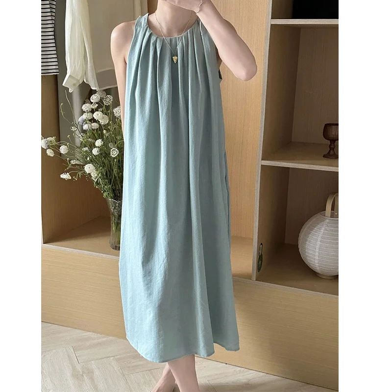 Summer New Holiday Style Hollow Out Sleeveless Hanging Neck Dress Solid Loose Backless Dresses Elegant Fashion Women Clothing