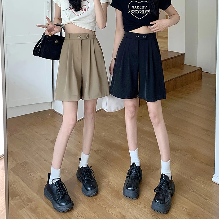 Description Picture 6 of itemS-4XL Women's Summer Shorts Elastic Waist Korean Chic Suit Pants Woman Casual Green Khaki Wide Leg Short Pants Female