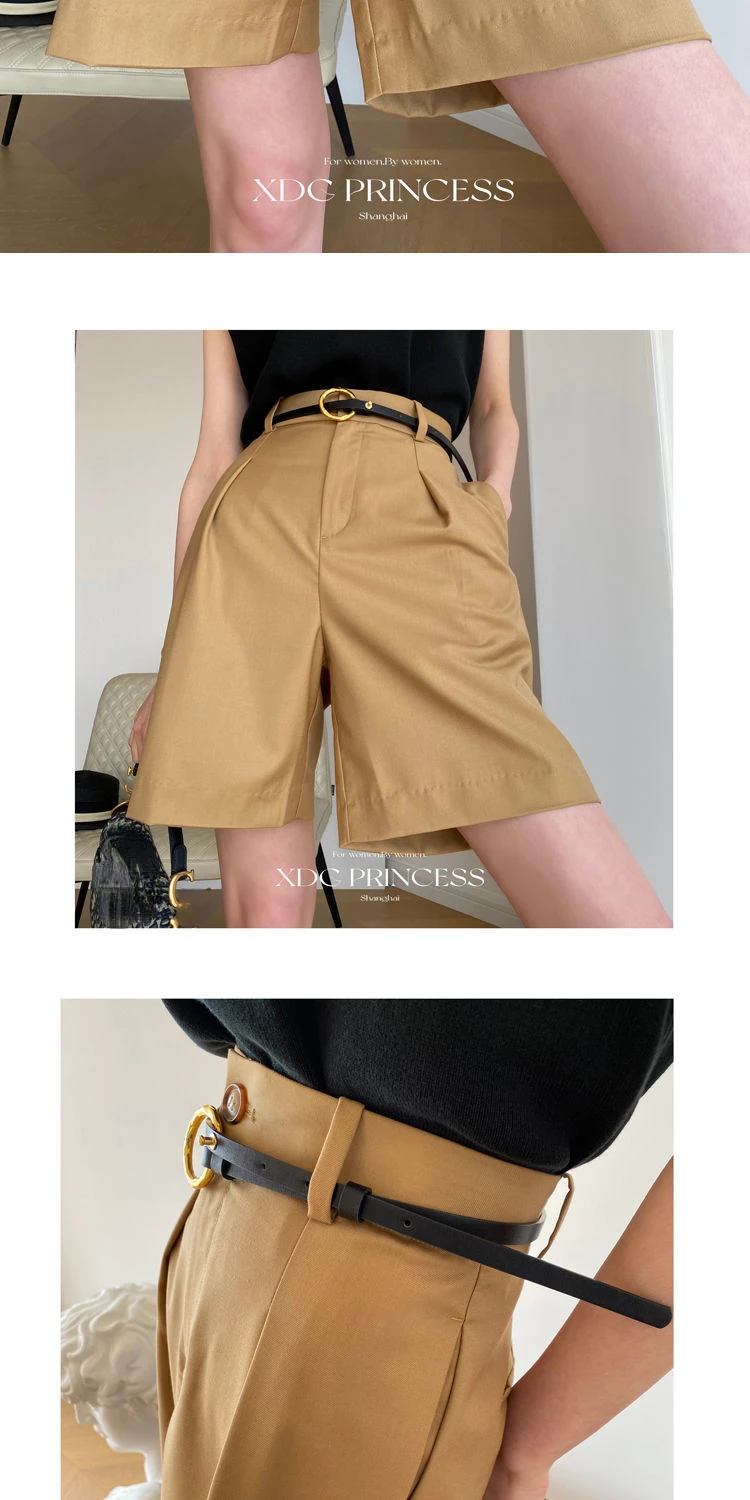 Description Picture 4 of itemSummer Bermuda Shorts for Women 2023 New Straight Knee Length Shorts with Belt High Waist Solid Color Khaki Black Women's Shorts