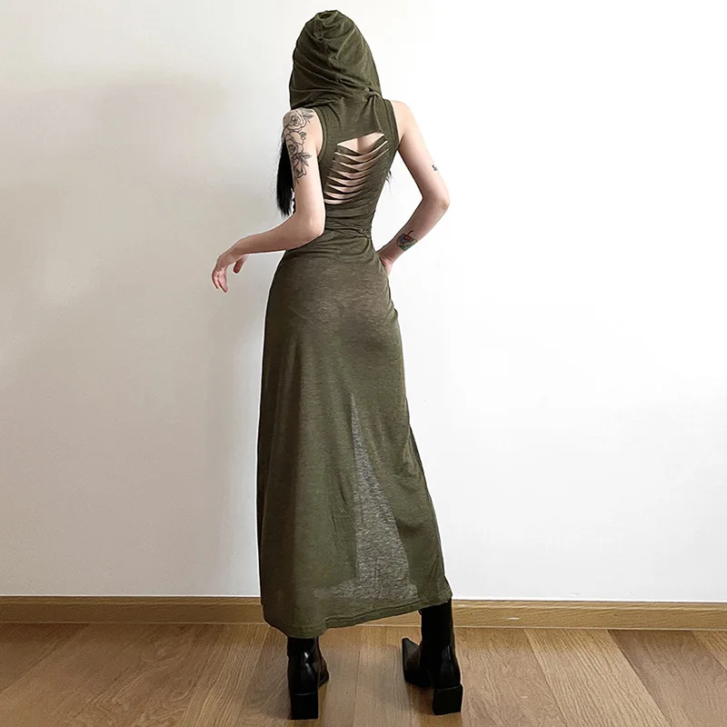 Gothic Cyber Desert Walker Hooded Dresses Darkwear Y2k Punk Grunge Hollow Out Midi Dress Women Sexy Split Side Solid Streetwear