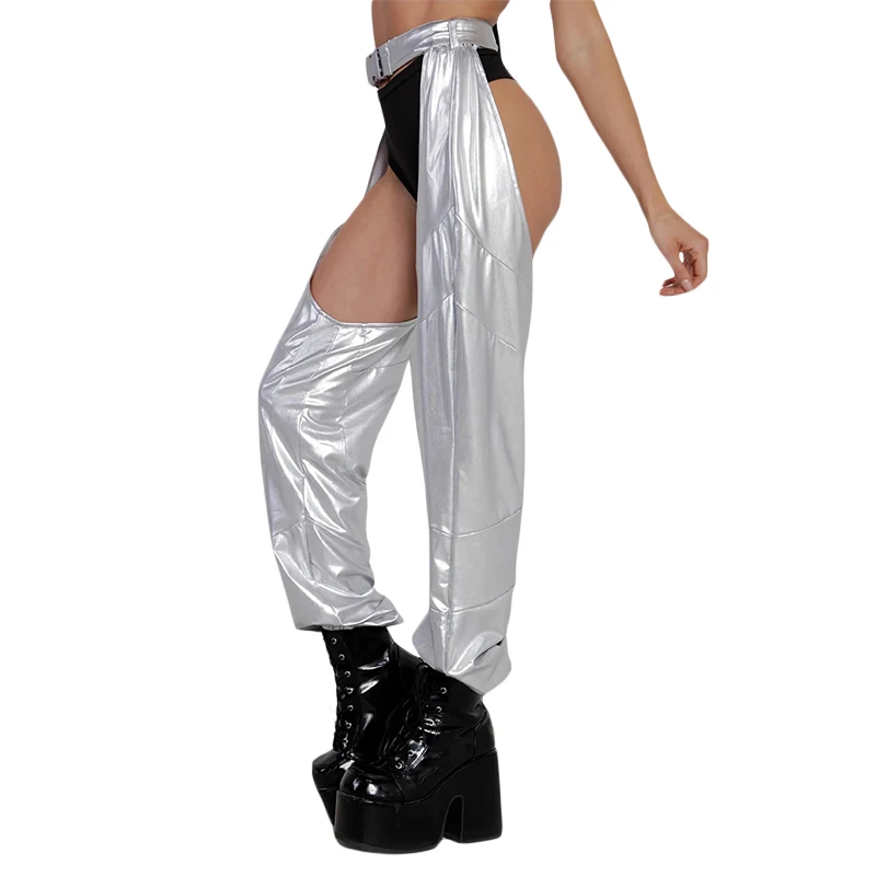 Women Buckles Bottomless Pants High Waist Cargo Trousers Crothchless Color Block Boggy Trousers Long Rave Legging Streetwear
