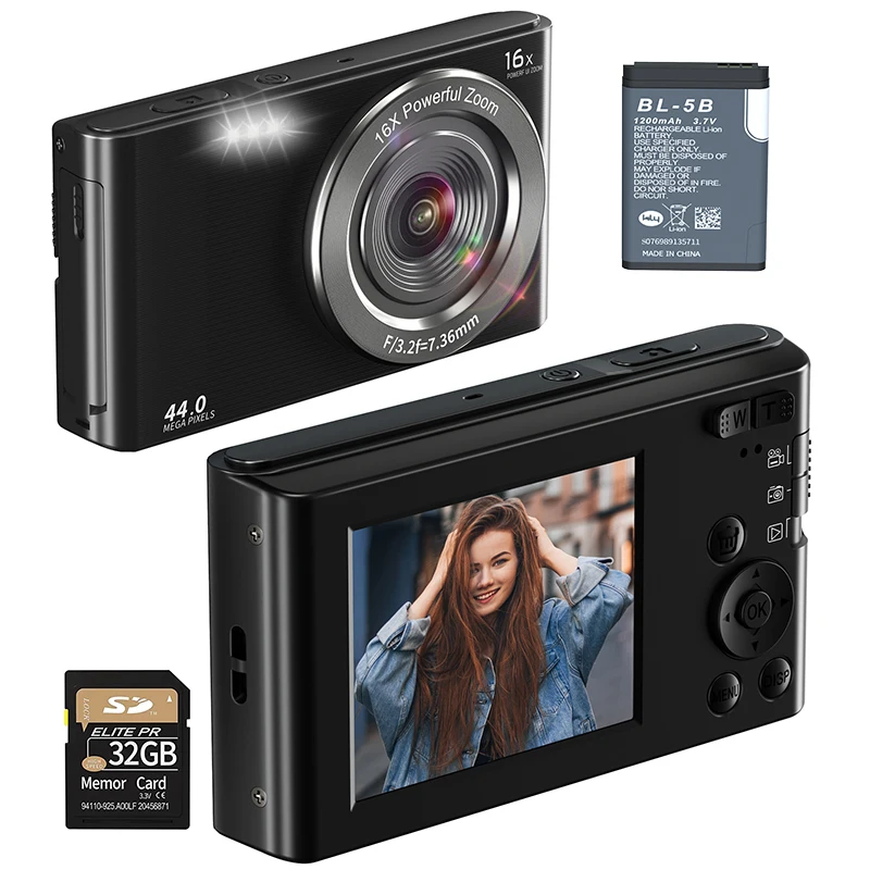 Digital Camera 4K 44MP with a 32GB SD Card and Battery, 2.4 Inch Screen, Support 16x Digital Zoom , Suitable for Kids
