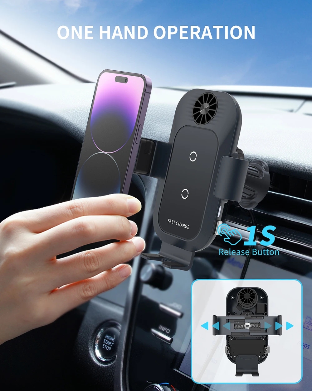 Bonola Automatic Clamping Car Wireless Charger with Cooler Fan for Samsung Z Flip 5 Phone GPS Navigation Wireless Chargers Mount