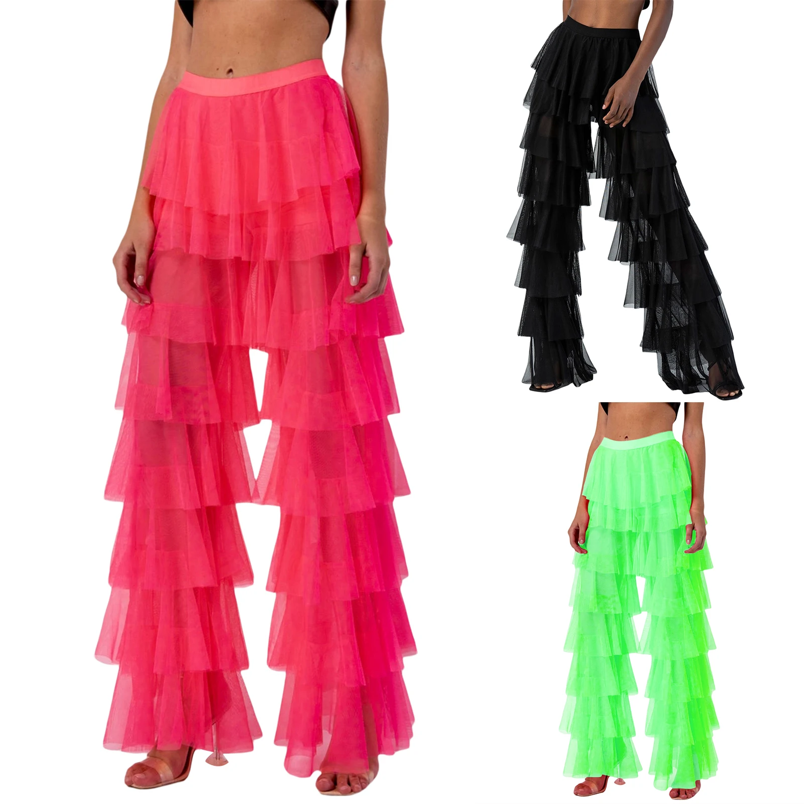 Description Picture 6 of itemRuffle Yarn Tulle Pants Solid Color Women Wide Leg Trousers High Waist Flare Trousers Multi Layer Spicy Girl Streetwear Suit