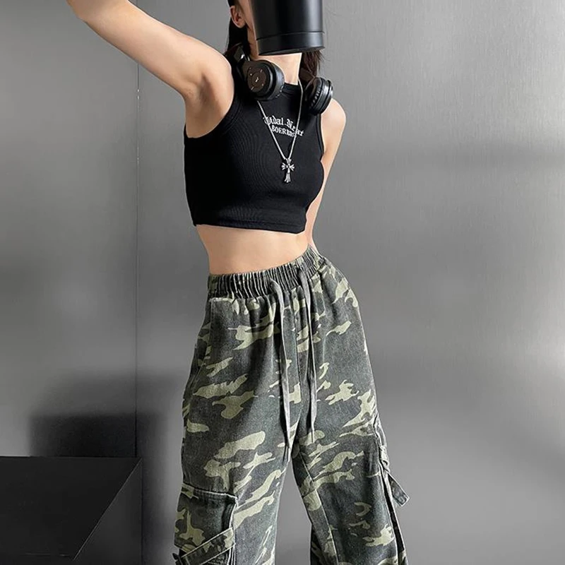 Description Picture 5 of itemWomen Casual Camouflage Cargo Pants Y2k Mid Waist Wide Leg Pockets Trousers Baggy Streetwear Hiphop Pant