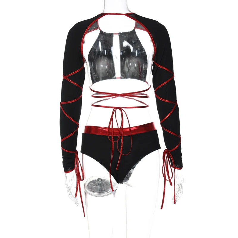 Description Picture 5 of itemSimenual Halloween Y2k Set Woman 2 Pieces Autumn Sexy Backless Long Sleeve Bandage Crop Tops Patchwork Slim Briefs Costume Suits
