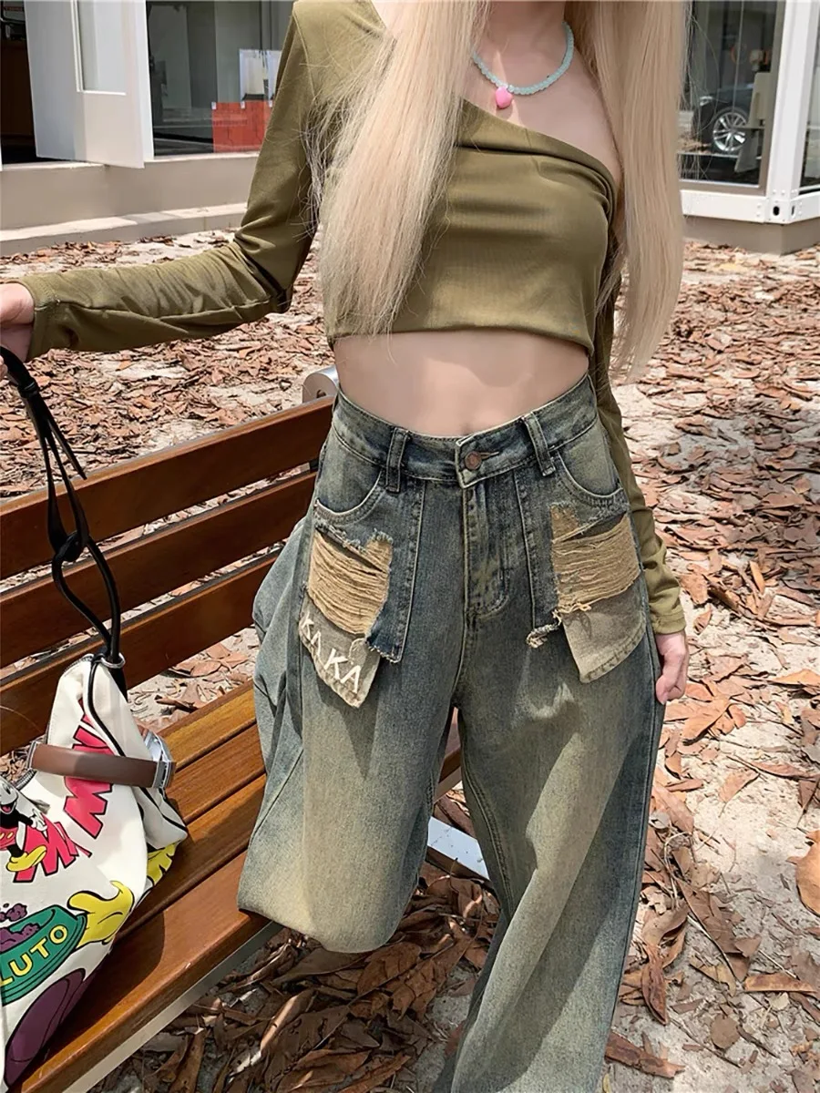 Description Picture 6 of itemJielur Vintage Holes Irregular Slim Women's Jeans Chic Pockets High Waist Loose Fashion Female Streetwear Y2k Wide Leg Pants