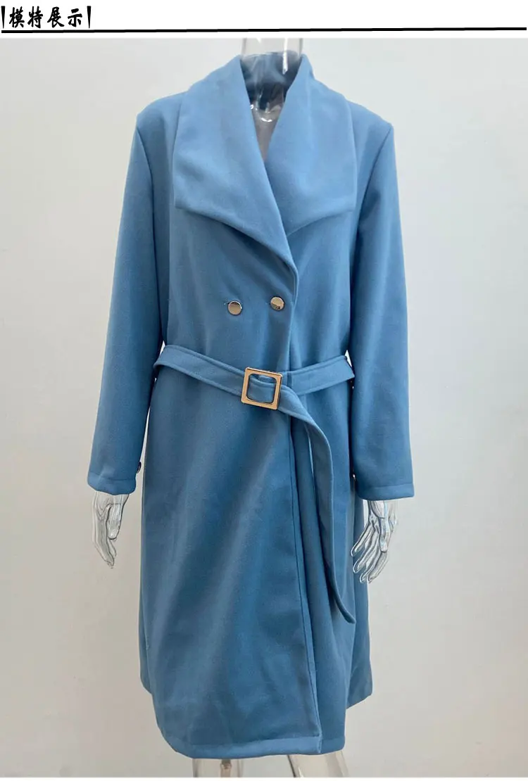 Description Picture 3 of item2023 Autumn/Winter New Women's Solid Color Simple Long Sleeve Windbreaker V-Neck Button Coat Lacing Wool Coat Long Style