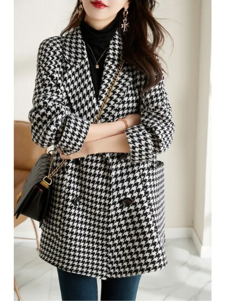 Women Coat Plaid Woolen Coat for Women's Autumn Winter Overcoat Korean  Fashion Mid Length Coat for Women's Clothing Tops