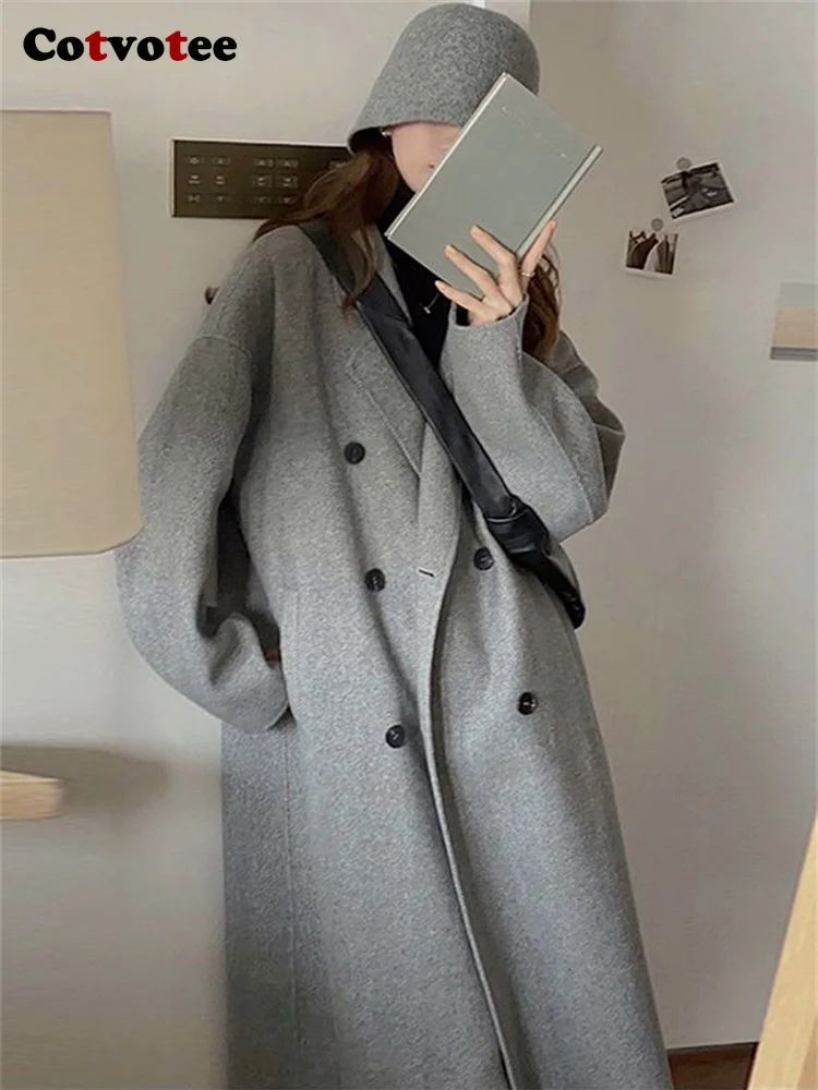Cotvotee Loose Wool Coat Women Autumn Winter 2023 Fashion Turn Down Collar Long Sleeve Jacket Casual Double Breasted Long Coats