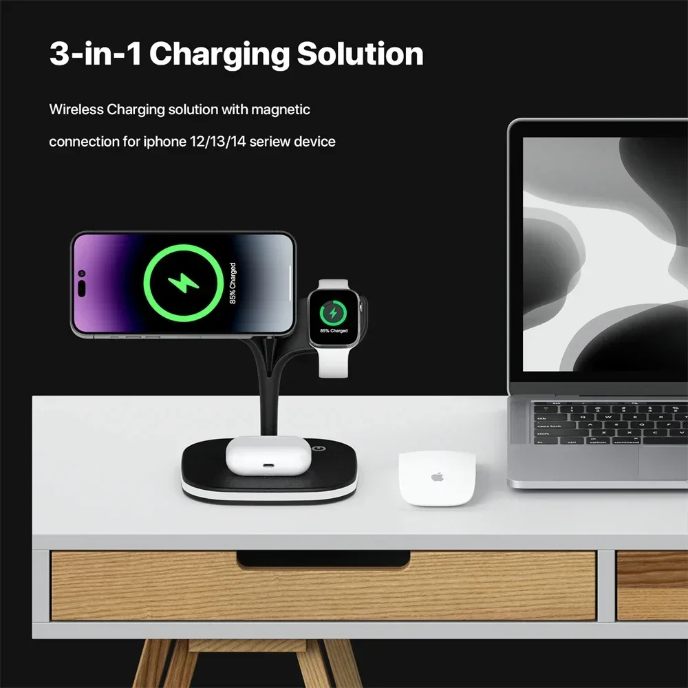 100% Magnetic Wireless Charger Stand For iPhone 15 14 13 12 Pro Max Apple Watch 8 7 Airpods Induction Fast Charging Dock Station
