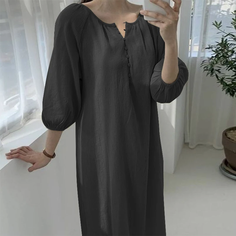 Description Picture 4 of itemCasual Loose Dresses Women 3/4 Sleeve Long Dress 2023 Spring Fashion Round Neck Vestidos ZANZEA Holiday Solid Color Midi Robes